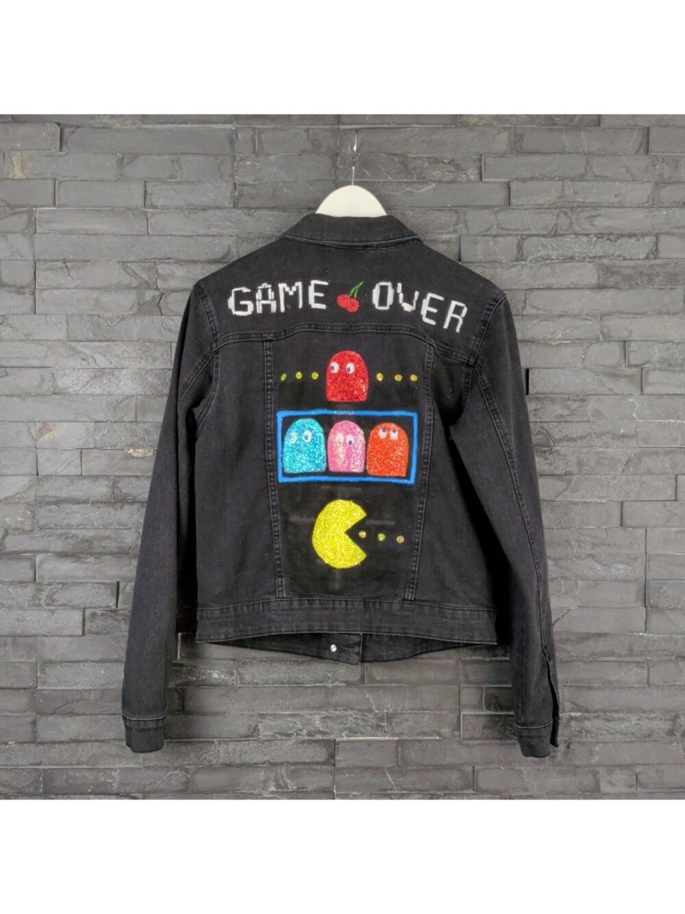 Retro 80's Pac-Man Arcade Gaming Jean Jacket Custom Art Painted Upcycled Wom S